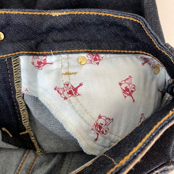 True Religion Blue Dark Wash Metallic Painted Horseshoe Flap Pockets Jeans Sz 31 - Picture 13 of 13